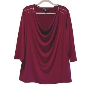 Premise Woman Burgundy Red Cowl Neck Zipper Shoulder Studded Blouse Plus Size 1X